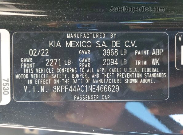 3KPF44AC1NE466629 2022 KIA FORTE Black Widok naklejki z numerem VIN
