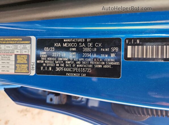 3KPF44AC1PE618735 2023 KIA FORTE Blue VIN კოდის სტიკერის ხედი