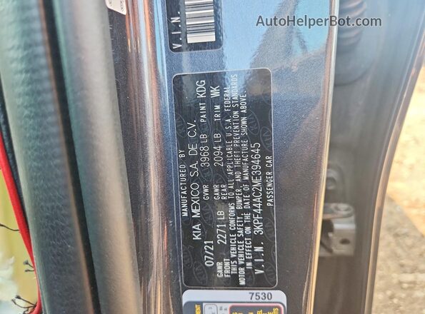 3KPF44AC2ME394645 2021 KIA FORTE Gray VIN კოდის სტიკერის ხედი