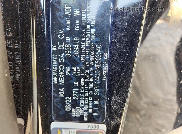 3KPF44AC2NE502540 2022 KIA FORTE Black ძრავის განყოფილების ხედი