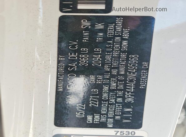 3KPF44AC3NE495968 2022 KIA FORTE White 