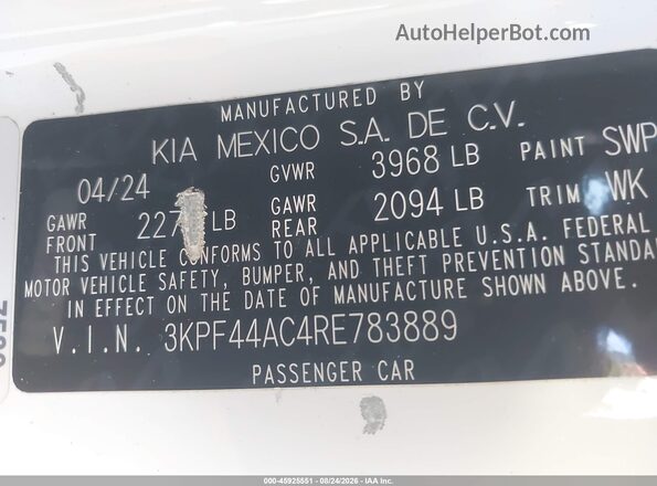 3KPF44AC4RE783889 2024 KIA FORTE White ძრავის განყოფილების ხედი