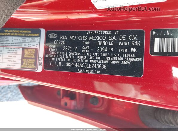 3KPF44AC5LE248836 2020 KIA FORTE Red Widok komory silnika