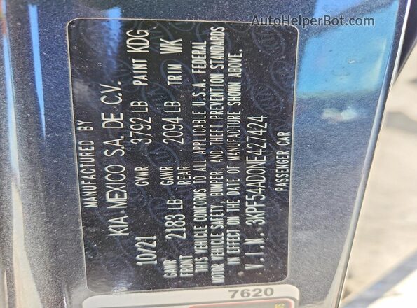 3KPF54AD0NE427424 2022 KIA FORTE Gray Vista de la etiqueta del VIN