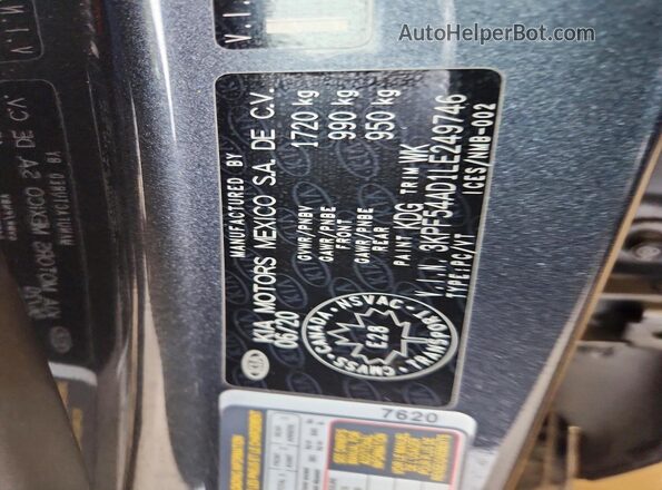 3KPF54AD1LE249746 2020 KIA FORTE Charcoal Вид наклейки з VIN-кодом