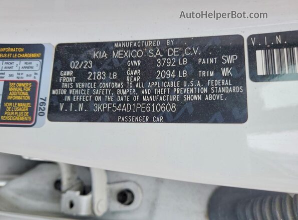 3KPF54AD1PE610608 2023 KIA FORTE White VIN კოდის სტიკერის ხედი