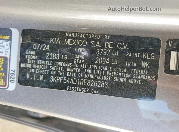 3KPF54AD1RE826283 2024 KIA FORTE Gray Widok naklejki z numerem VIN