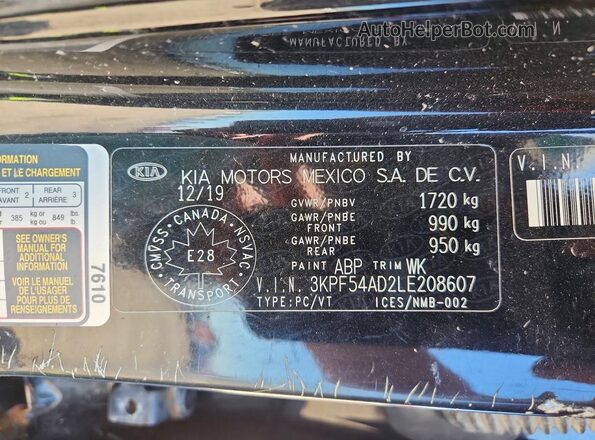 3KPF54AD2LE208607 2020 KIA FORTE Black ძრავის განყოფილების ხედი