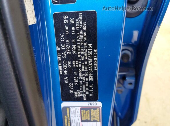 3KPF54AD2NE450154 2022 KIA FORTE Blue Вид підкапотного простору