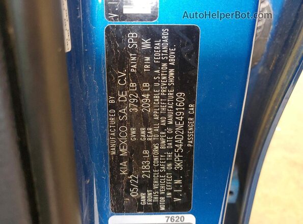 3KPF54AD2NE491609 2022 KIA FORTE Blue Вид наклейки з VIN-кодом