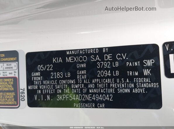 3KPF54AD2NE494042 2022 KIA FORTE White Vista del compartimento del motor