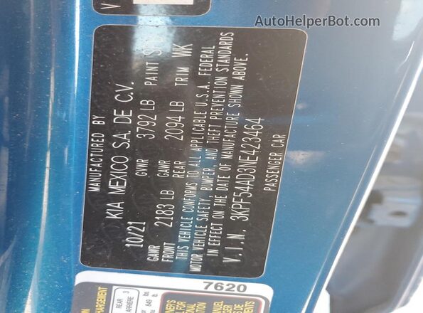 3KPF54AD3NE423464 2022 KIA FORTE Синий Вид наклейки с VIN-кодом