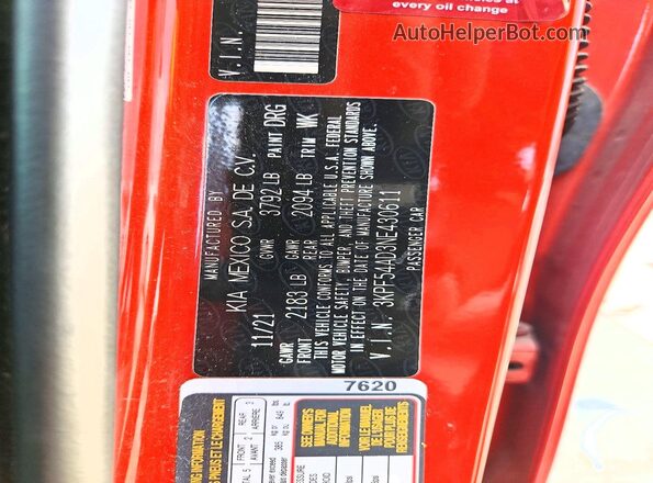 3KPF54AD3NE430611 2022 KIA FORTE Orange Vista de la etiqueta del VIN