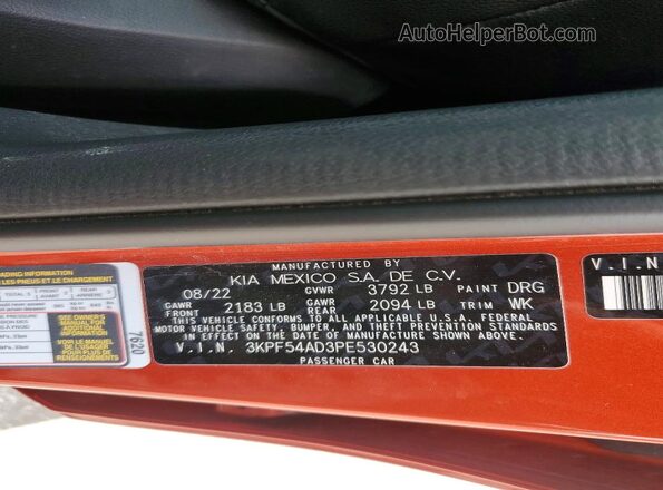 3KPF54AD3PE530243 2023 KIA FORTE Оранжевый Вид наклейки с VIN-кодом