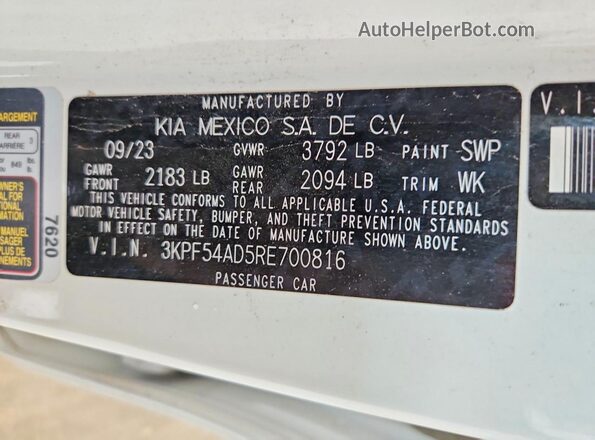 3KPF54AD5RE700816 2024 KIA FORTE White Вид наклейки з VIN-кодом