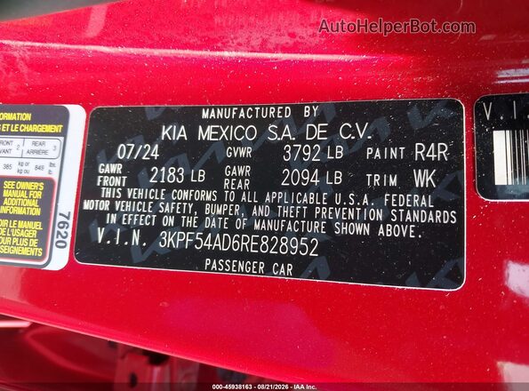 3KPF54AD6RE828952 2024 KIA FORTE Red Widok komory silnika