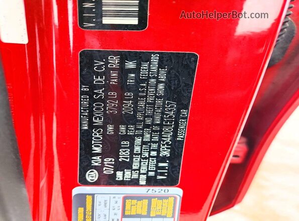 3KPF54AD8LE154357 2020 KIA FORTE Red ძრავის განყოფილების ხედი