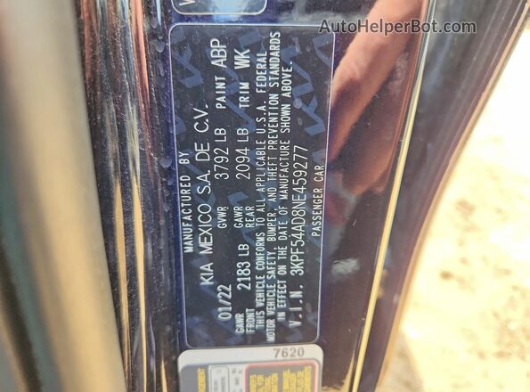 3KPF54AD8NE459277 2022 KIA FORTE Black VIN կոդի պիտակի տեսք