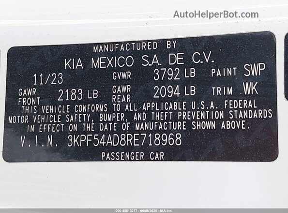 3KPF54AD8RE718968 2024 KIA FORTE White Engine compartment view