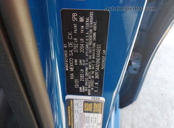 3KPF54AD9NE444691 2022 KIA FORTE Blue Engine compartment view