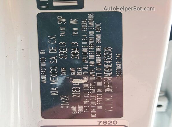 3KPF54AD9NE452208 2022 KIA FORTE White Vista de la etiqueta del VIN