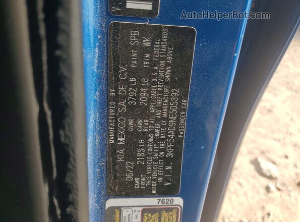 3KPF54AD9NE505392 2022 KIA FORTE Blue ძრავის განყოფილების ხედი