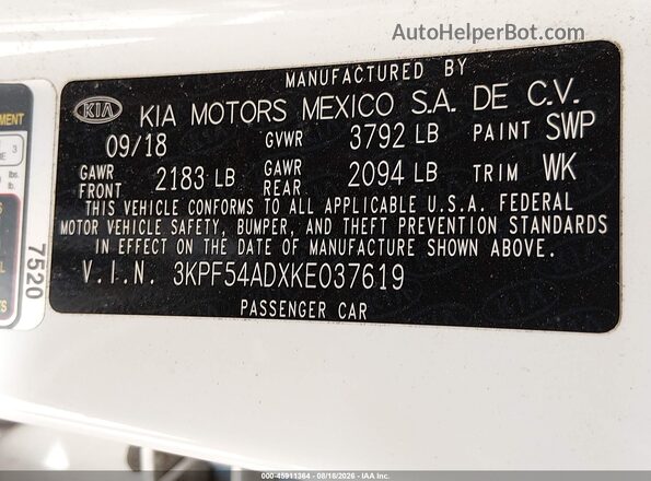 3KPF54ADXKE037619 2019 KIA FORTE White Vista del compartimento del motor