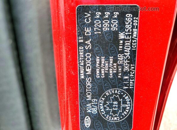 3KPF54ADXLE158569 2020 KIA FORTE Red Widok komory silnika