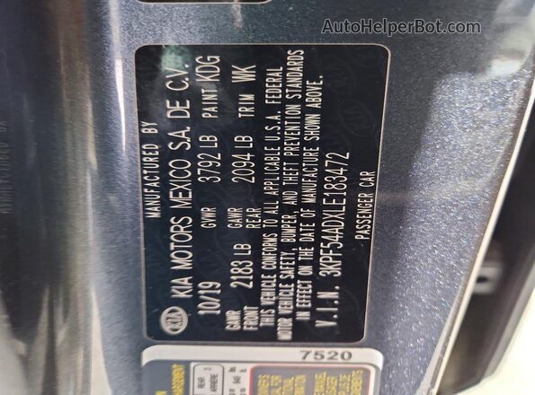 3KPF54ADXLE183472 2020 KIA FORTE Charcoal Շարժիչի բաժամունքի տեսք