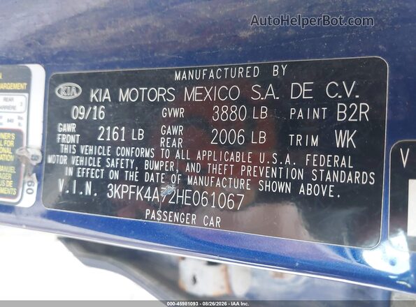 3KPFK4A72HE061067 2017 KIA FORTE Blue Engine compartment view