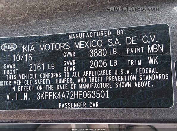 3KPFK4A72HE063501 2017 KIA FORTE Dark Brown Widok komory silnika