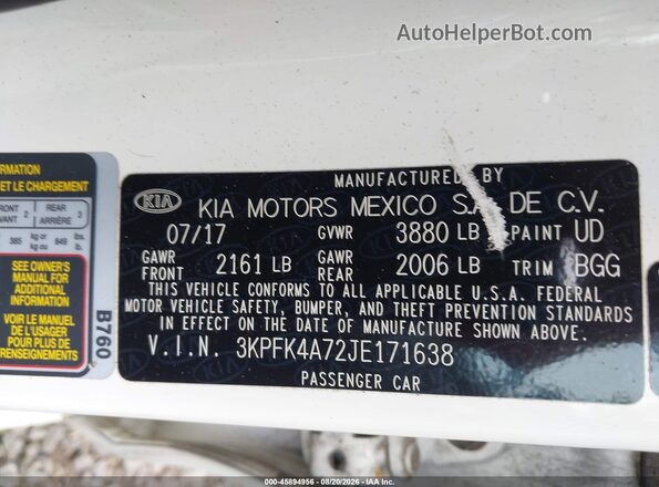 3KPFK4A72JE171638 2018 KIA FORTE White Vista del compartimento del motor