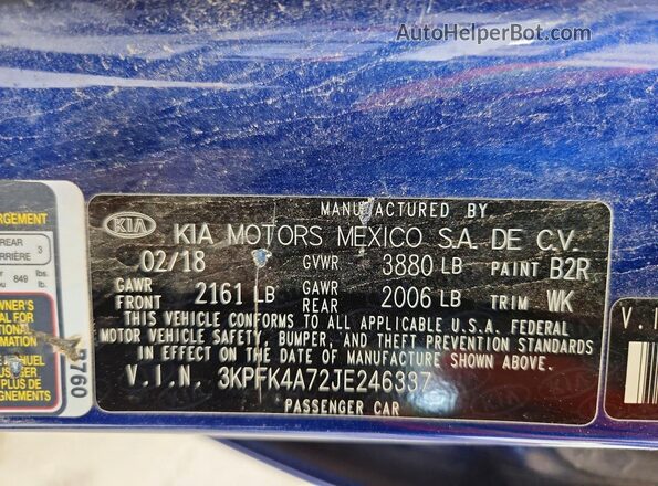 3KPFK4A72JE246337 2018 KIA FORTE Blue Widok komory silnika