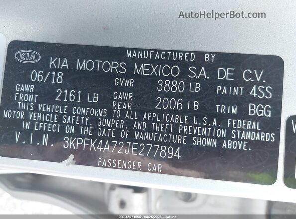 3KPFK4A72JE277894 2018 KIA FORTE Серебряный Вид подкапотного пространства