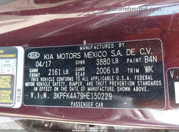 3KPFK4A79HE150229 2017 KIA FORTE Burgundy Engine compartment view