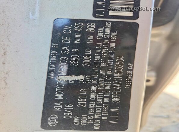 3KPFL4A71HE052504 2017 KIA FORTE Silver Widok naklejki z numerem VIN