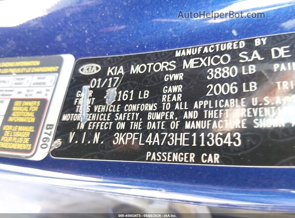 3KPFL4A73HE113643 2017 KIA FORTE Blue ძრავის განყოფილების ხედი
