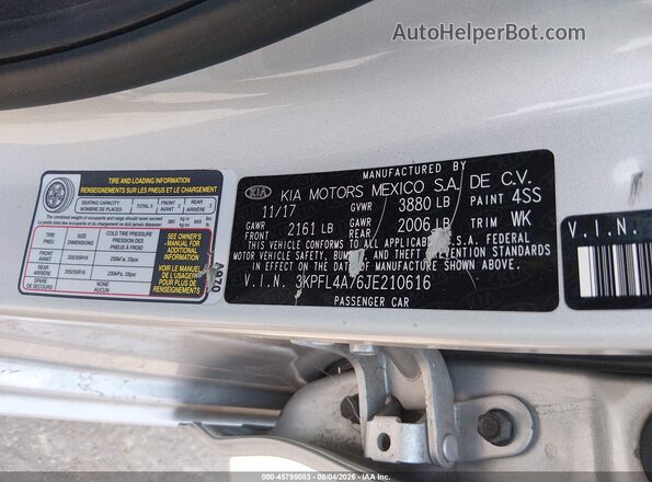 3KPFL4A76JE210616 2018 KIA FORTE Silver Engine compartment view