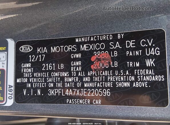 3KPFL4A7XJE220596 2018 KIA FORTE Серый Вид подкапотного пространства