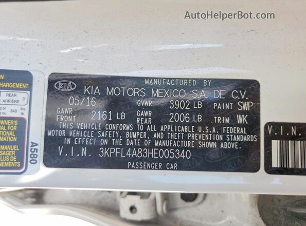 3KPFL4A83HE005340 2017 KIA FORTE White ძრავის განყოფილების ხედი