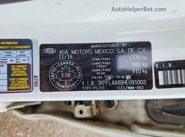 3KPFL4A88HE091003 2017 KIA FORTE White Вид наклейки з VIN-кодом
