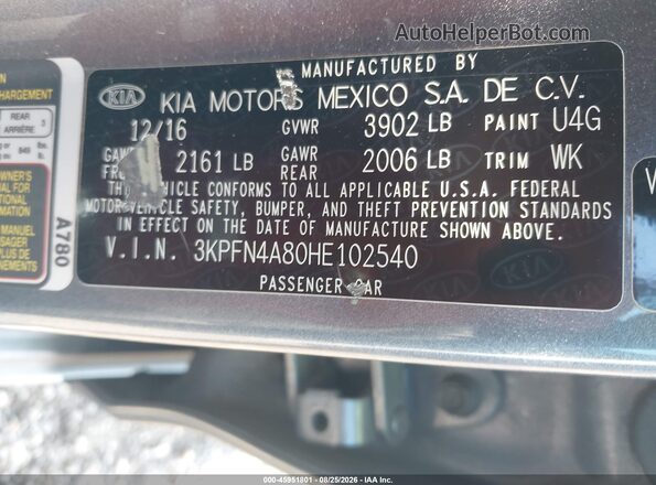 3KPFN4A80HE102540 2017 KIA FORTE Gray Engine compartment view