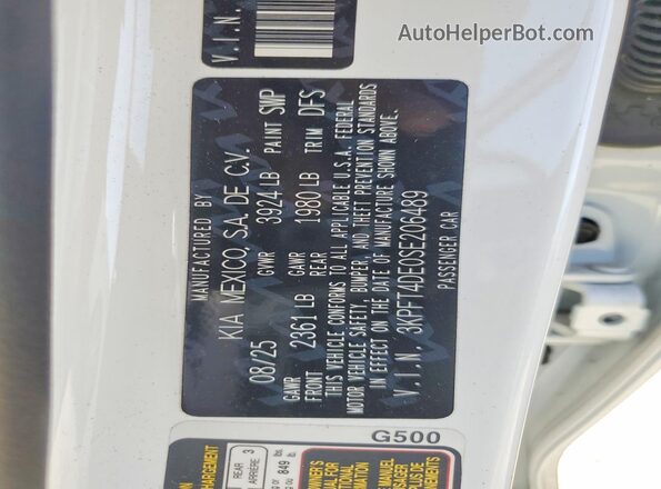 3KPFT4DE0SE206489 2025 KIA K4 White VIN sticker view