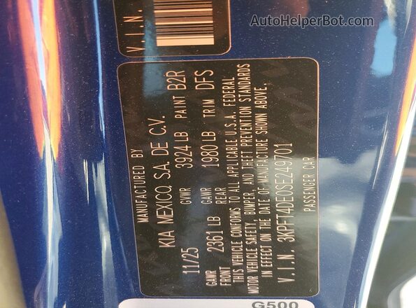 3KPFT4DE0SE249701 2025 KIA K4 Blue Vista de la etiqueta del VIN
