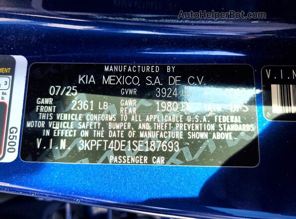 3KPFT4DE1SE187693 2025 KIA K4 Blue Շարժիչի բաժամունքի տեսք