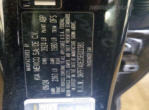 3KPFT4DE2SE022381 2025 KIA K4 Black VIN կոդի պիտակի տեսք