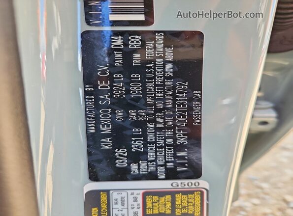 3KPFT4DE2TE314792 2026 KIA K4 Gray VIN sticker view