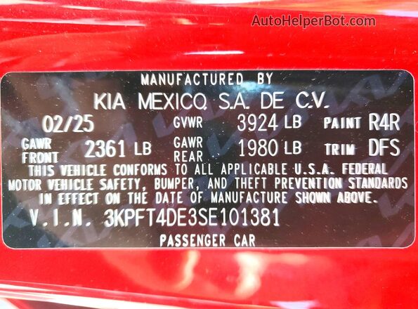 3KPFT4DE3SE101381 2025 KIA K4 Red VIN կոդի պիտակի տեսք