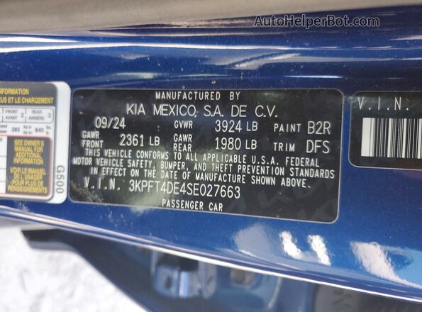 3KPFT4DE4SE027663 2025 KIA K4 Blue VIN კოდის სტიკერის ხედი