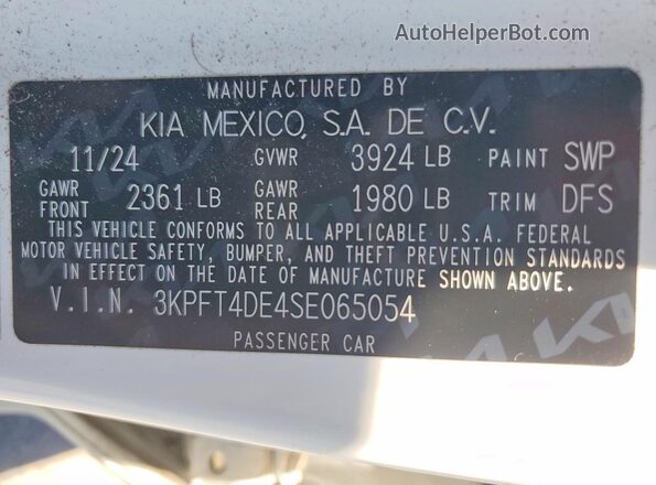 3KPFT4DE4SE065054 2025 KIA K4 White Вид наклейки з VIN-кодом